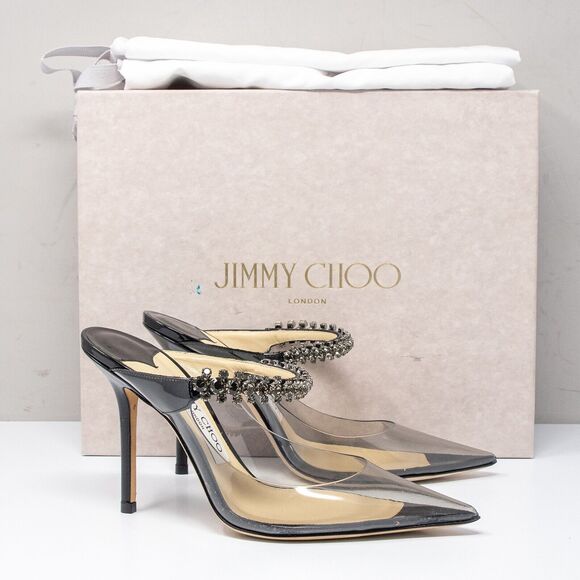 Jimmy Choo Bing 100, Size 36 (6 US) Black Patent Leather Crystal Strap Heels - Picture 1 of 8